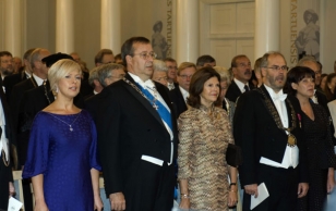 President Toomas Hendrik Ilves, Mrs Evelin Ilves, Queen Silvia of Sweden and Alar Karis, Rector of the University of Tartu on the Festive Assembly of the 375th Anniversary of the Foundation of Tartu University