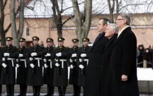 President Ilves, president Adamkus and president Zatlers at the Celebration of the Ninetieth Anniversary of Lithuanian Independence. Flag raising ceremony of three Baltic nations
