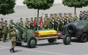 An honour guard stands at attention during the state funeral of late former Lithuanian president Algirdas Brazauskas in Vilnius.