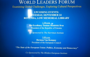 President Toomas Hendrik Ilves rääkis Columbia Ülikoolis Maailma Liidrite Foorumil küberjulgeolekust ja interneti vabadusest.