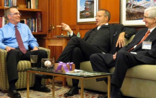 Toomas Hendrik Ilves CC'76, president of the Republic of Estonia, met with Dean James J. Valentini before speaking at the Columbia World Leaders Forum on Tuesday, Sept. 24.