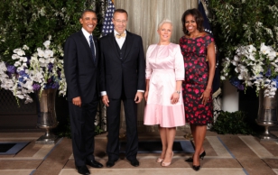 President Barack Obama and First Lady Michelle Obama greet His Excellency Toomas Hendrik Ilves, The President of the Republic of Estonia and Mrs. Evelin Ilves, during the United Nations General Assembly reception at the Waldorf Astoria Hotel in New York.